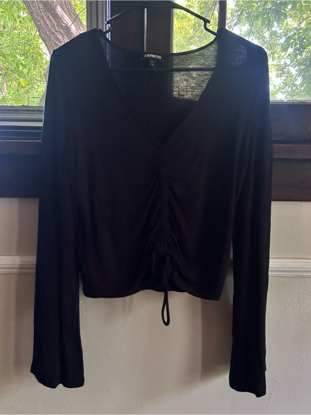 Express Black V-Neck Ruched Drawstring Long-Sleeve Top